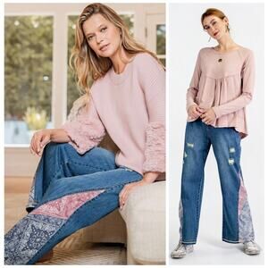 Easel Boho Patchwork Medium Bell Bottom Jeans Bandana Wide Leg